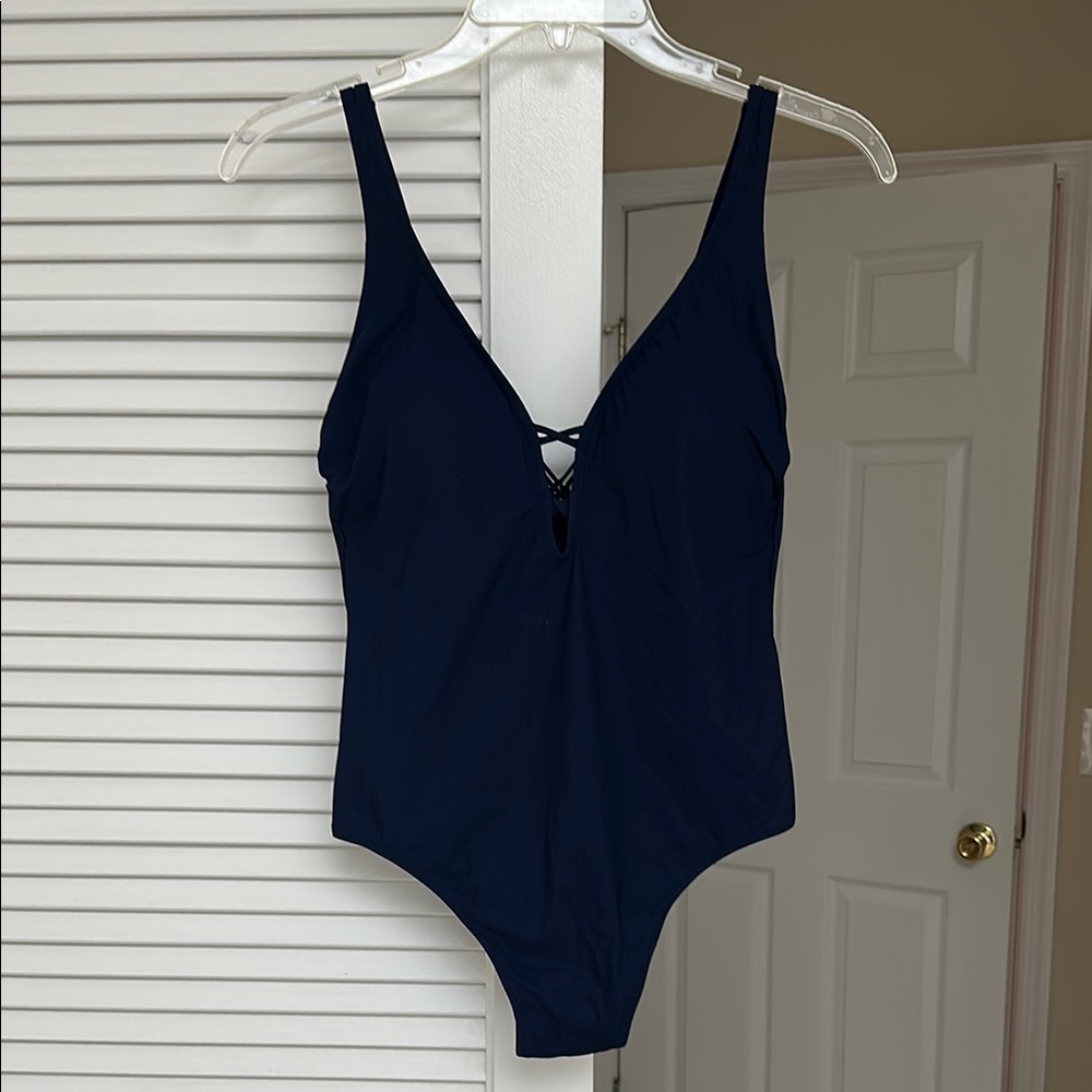 Profile By Gottex Blue One Piece Swimsuit V-Neck Wide Straps